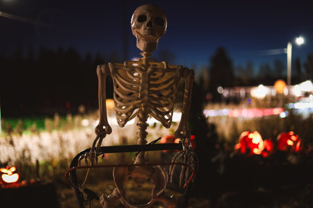 Creepy Halloween photo of a skeleton decoration with spooky lighting and dark background. Perfect for horror, Halloween, and scary holiday themes.の写真素材