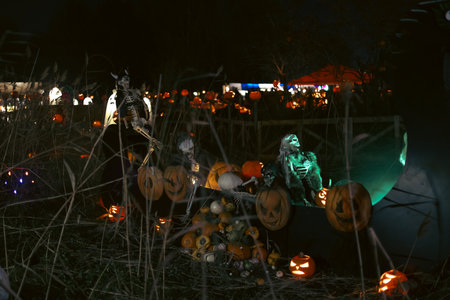 Creepy Halloween photo of a skeleton decoration with spooky lighting and dark background. Perfect for horror, Halloween, and scary holiday themes.の写真素材