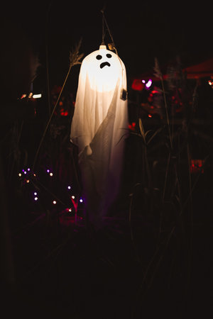 Spooky Halloween photo of a ghost figure in the dark with eerie lighting and misty atmosphere. Perfect for horror, Halloween, and supernatural themes.の写真素材