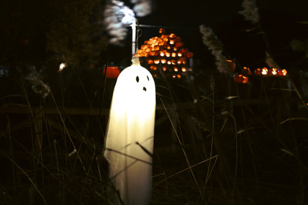 Spooky Halloween photo of a ghost figure in the dark with eerie lighting and misty atmosphere. Perfect for horror, Halloween, and supernatural themes.の写真素材