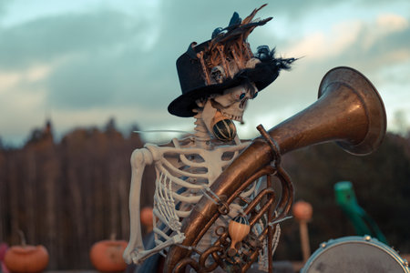 Halloween. Spooky Halloween skeleton with skull and bones in dark background, creepy horror...