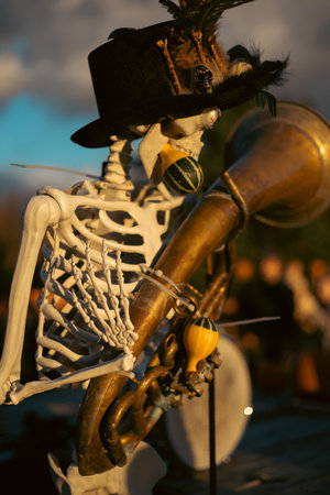 Halloween. Spooky Halloween skeleton with skull and bones in dark background, creepy horror...