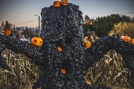 Halloween. Spooky white ghost figure in the dark, mysterious spirit in fog and moonlight, eerie and creepy atmosphere for Halloween night.の写真素材