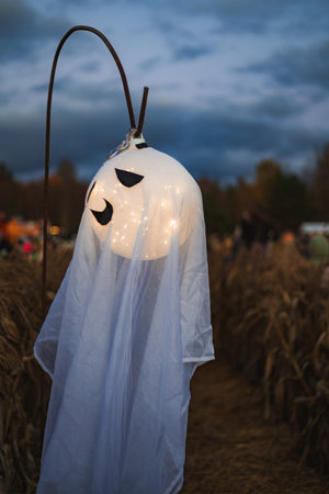 Halloween. Spooky white ghost figure in the dark, mysterious spirit in fog and moonlight, eerie and...