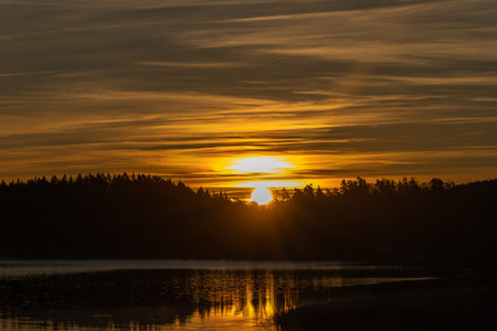 Golden sunrise over calm autumn sea with forest on the shore and gentle fog above the water, peaceful natural seascape and morning atmosphere.の写真素材