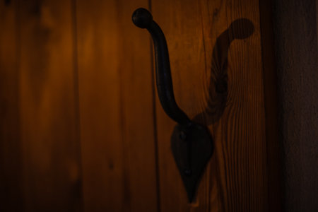 Close-up of antique door handles and locks on a wooden door inside a medieval castle, showing detailed metalwork and historical craftsmanship with aged textures.の写真素材