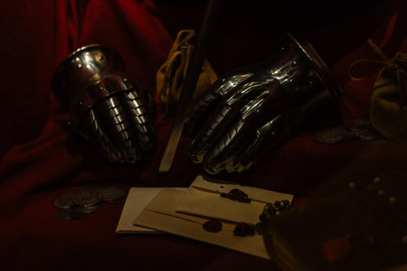 Medieval crown, sword, and an old letter arranged on a wooden table, creating a royal and historical scene with dramatic antique textures.の写真素材