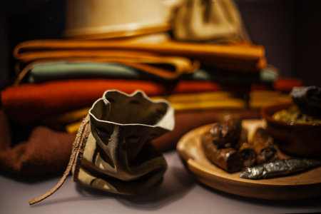 Various antique objects placed in a medieval castle interior, including wooden chests, metal locks, sculptures, old books, and candle holders. Warm light emphasizes textures, historical craftsmanship, and medieval atmosphere. Perfect for heritage, history, and interior photography.の写真素材