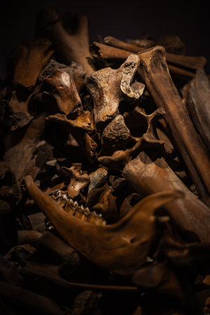 Various antique objects placed in a medieval castle interior, including wooden chests, metal locks, sculptures, old books, and candle holders. Warm light emphasizes textures, historical craftsmanship, and medieval atmosphere. Perfect for heritage, history, and interior photography.の写真素材