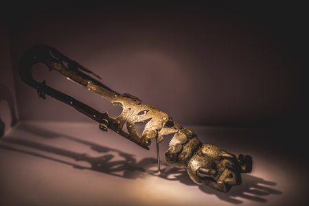 Various antique objects placed in a medieval castle interior, including wooden chests, metal locks, sculptures, old books, and candle holders. Warm light emphasizes textures, historical craftsmanship, and medieval atmosphere. Perfect for heritage, history, and interior photography.の写真素材