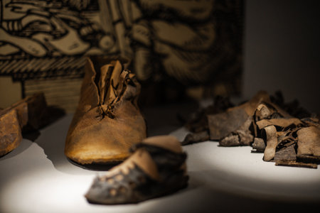 Various antique objects placed in an interior setting, including wooden chests, metal locks, sculptures, old books, and candle holders. Warm light emphasizes textures, historical craftsmanship, and atmosphere. Perfect for heritage, history, and interior photography.の写真素材