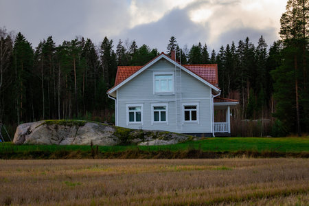 Cozy house near the forest surrounded by trees and natural landscape. Soft natural lighting and peaceful atmosphere. Ideal for nature photography, travel themes, countryside lifestyle, and eco-friendly living concepts.の写真素材