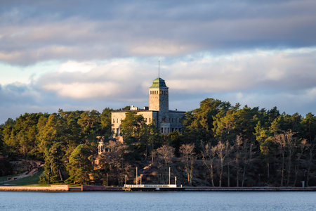 Photo of a castle hidden in a forest, captured from across the sea. The composition highlights the blue water in the foreground and the majestic medieval structure rising above dense green trees. Ideal for travel photography, fantasy themes, historical projects, and scenic landscapes.の写真素材