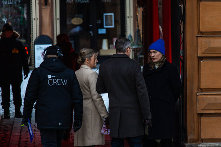 Finland. Turku. December 2025. Photo of television hosts presenting the opening of the Christmas Peace ceremony. The image captures a formal and festive moment with presenters addressing the audience during a traditional holiday celebrationのeditorial素材