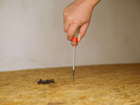 Screwdriver screwing a of screw Into The oriented strand board. close up.