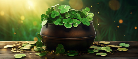 Black pot full of gold coins and shamrock leaves. st. patrick's day black green background for design, banner, invitation.の素材