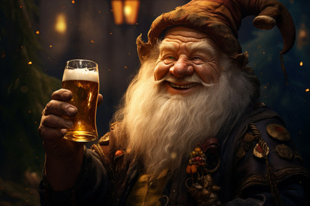 A leprechaun in a costume hat and beard is holding a glass of beer. His facial hair and moustache add to his festive appearance as he enjoys the music and entertainment. St. Patricks Dayの素材