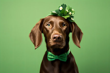 Portrait of a dog wearing a small green hat and a bow tie for St. Patrick's day. The background is green. There is copy space on his side.の素材