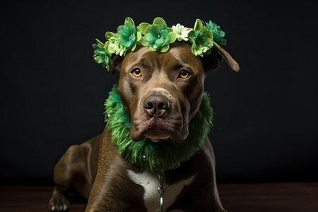 Dog on St. Patrick's Day on a dark background. The dog has a green wreath on his head and a green collar on his neck.の素材
