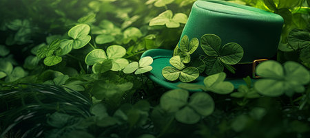 Green shamrock lucky top hat as St Patrick's day symbol and luck icon of Irish tradition with magical four leaf clover. Leprechaun cap. Celebration concept, Background, card, banner.の素材