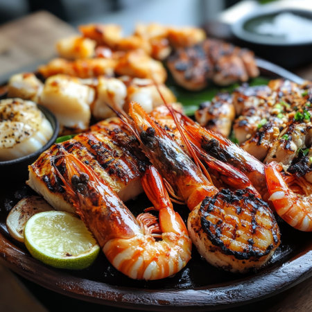 Grilled seafood platter showcases a tempting array of prawns, fish fillets, and scallops arranged beautifully. Fresh lime wedges add a zesty touch to this delightful dining experience by the sea.の素材