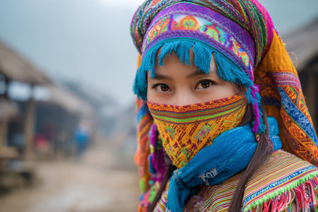 A woman in vibrant traditional clothing stands in a foggy mountain village. Her face is partially covered, showing intricate patterns in her attire. The soft morning light adds a serene atmosphere.の素材