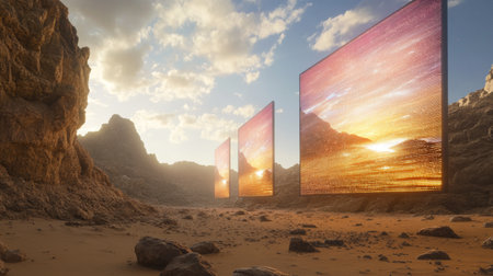 Digital led posters stand tall against desert rocks as the sun sets, casting bright colors across the sandy terrain and creating a mesmerizing visual display.の素材