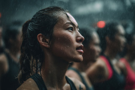 A group of individuals participates in an intense fitness training session inside a studio. Rain falls from above, creating a dramatic atmosphere as they push their limits and stay focused.の素材