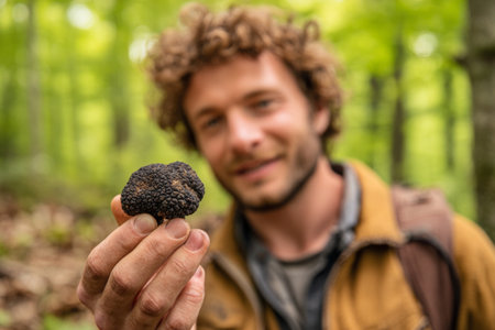 A truffle hunter holds a freshly unearthed truffle in a vibrant green forest. The sunlight filters through the trees, illuminating the excitement of the discovery.の素材