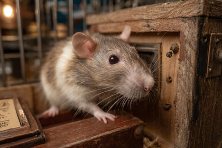 A rat investigates its wooden dwelling, showing its inquisitive nature. The setting is cozy with warm lighting, creating an inviting atmosphere for the small animal.の素材