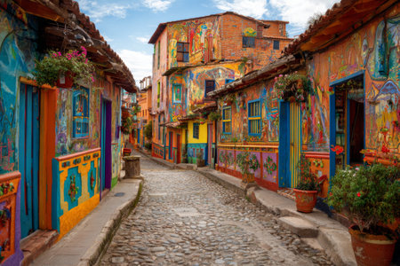 A lively street in a Colombian town features brightly painted buildings adorned with intricate murals. Cobblestones line the path, creating a charming atmosphere under a clear blue sky.の素材