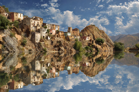 Ancient houses perched on rocky hills reflect perfectly in the still water below, surrounded by majestic mountains and a vibrant sky filled with clouds.の素材