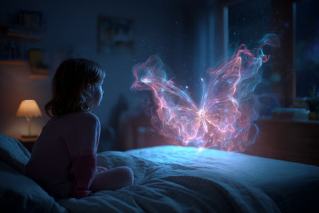 A young child gazes in awe at a luminous butterfly hovering in the darkened room. Soft light from a lamp illuminates the surroundings, creating a magical atmosphere.の素材