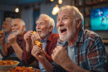 Group of elderly men enjoying snacks and cheering together while watching a sports event on a large TV. The atmosphere is lively and energetic, filled with laughter and excitement.の素材