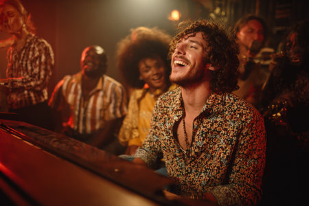 Pianist passionately plays at a lively nightclub, surrounded by an enthusiastic audience enjoying the music and vibrant atmosphere. The energy radiates joy and connection among attendees.の素材