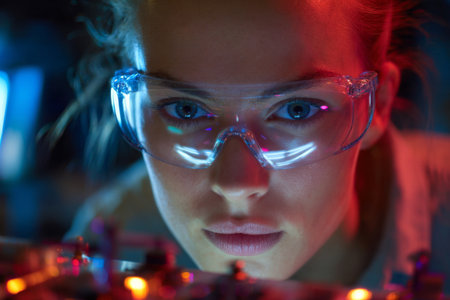 A focused young scientist wears protective eyewear while examining lab equipment. The vibrant lights enhance the atmosphere, highlighting intricate details of the machinery around her.の素材