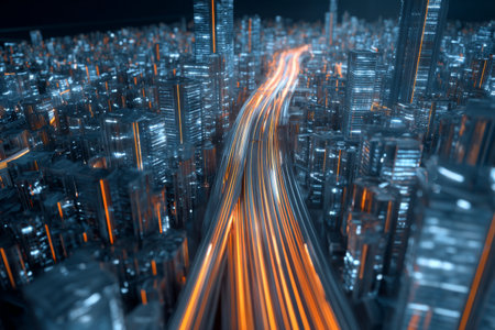 Tall skyscrapers tower above glowing roads in a modern city at night. Bright lights from buildings reflect off the surfaces, creating a futuristic atmosphere.の素材