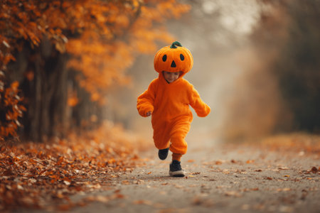 A young child dressed in a vibrant pumpkin costume runs excitedly on a gravel path. The background features colorful autumn foliage in shades of orange and brown, creating a festive atmosphere.の素材