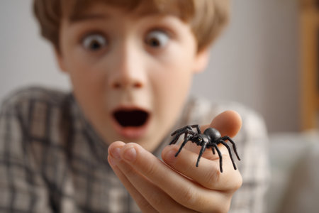 A young boy expresses shock as he holds a realistic-looking spider toy in his hand. His wide eyes and open mouth indicate a mix of fear and curiosity about the creepy crawly.の素材