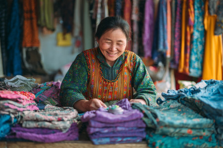 A woman expresses joy while sorting through vibrant fabrics at a market stall filled with a variety of colorful clothing items. The atmosphere is lively and dynamic.の素材