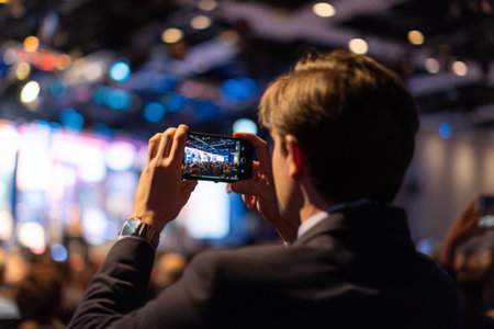 Gathered crowd in a contemporary conference center, a focused attendee uses a smartphone to capture a presentation happening on stage while others engage in the event.の素材