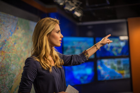 A weather reporter stands in a modern studio pointing at climate maps displayed on large screens while explaining the forecast to viewers. The atmosphere is professional and engaging.の素材