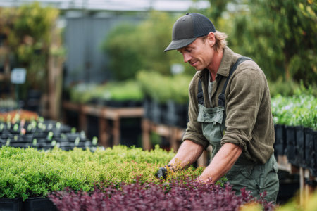 A dedicated gardener tends to various plants in a greenhouse, carefully trimming and arranging vibrant greenery in pots while enjoying the bright daylight.の素材