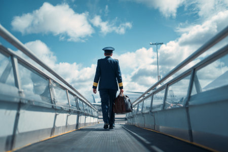 A pilot in a uniform carries a brown bag while walking along the boarding bridge at the airport. The sky above features fluffy clouds and a blue backdrop, creating a vibrant atmosphere.の素材