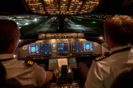 Two pilots focus on their instruments as they approach landing at a major airport. The cockpit displays are lit up, providing crucial flight data in the dark.の素材