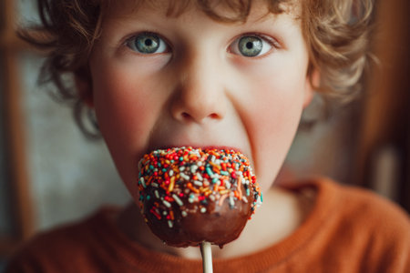 A young boy with curly hair holds a chocolate-covered treat decorated with vibrant sprinkles. His joyful expression reveals excitement while enjoying this sweet delight indoors.の素材