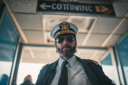 A pilot wearing sunglasses and a cap strolls through an airport terminal as travelers and signage create a busy backdrop. The scene captures the energy of air travel.の素材