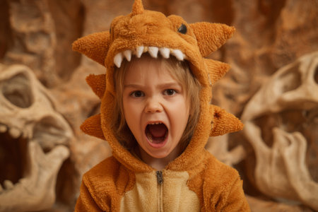 A young child wears a dinosaur costume with spikes, passionately expressing excitement in a prehistoric exhibit.の素材
