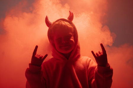 A child dressed in a pink devil outfit smiles while making a playful gesture with both hands, surrounded by red smoke. The setting creates a whimsical, festive atmosphere.の素材