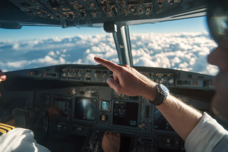 Inside an aircraft cockpit, a pilot is pointing while instructing the co-pilot. Fluffy clouds are visible below against a bright blue sky, indicating a high-altitude flight.の素材